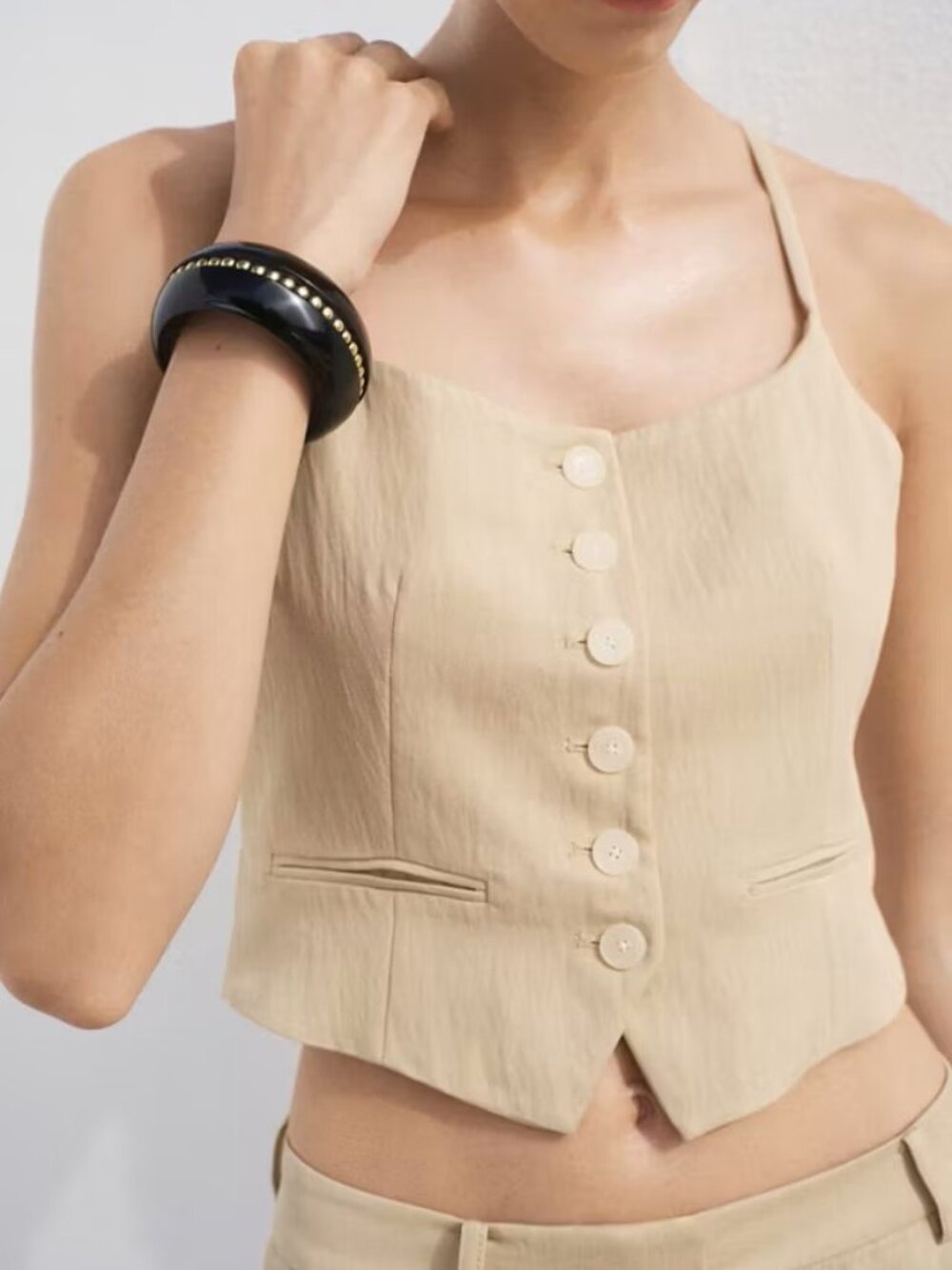 Mango Tan Button-Front Sleeveless Vest